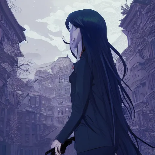 Image similar to low - angle shot from behind of a long blue - haired girl in a tailcoat overlooking noxus, noir, screenshot, sharp focus, intricate, illustration, cell shaded, digital painting, highly detailed, straight hair, art by ilya kuvshinov, wlop, greg rutkowski, studio quality, james jean