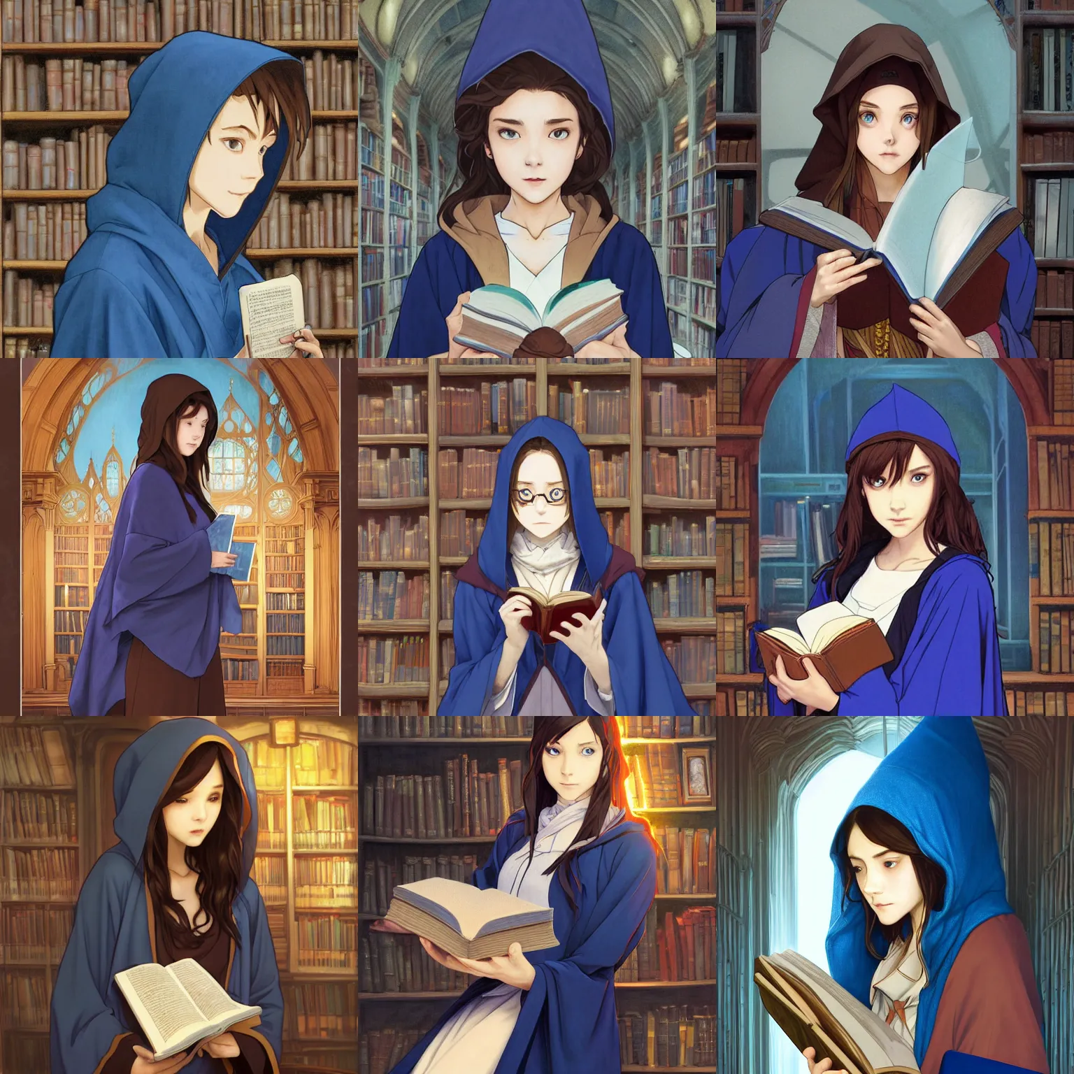 Prompt: portrait of a female wizard with brown hair wearing a blue hood and blue robe holding a book inside an old library, half body, single subject, ambient lighting, highly detailed, digital painting, trending on pixiv fanbox, studio ghibli, extremely high quality artwork, art by ross tran and artgerm and makoto shinkai and alphonse mucha