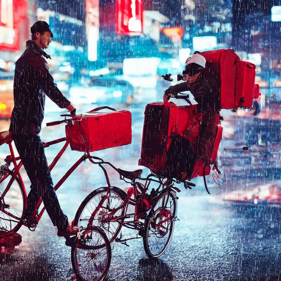 Image similar to food delivery driver with red backpack and futuristic rocket bike working in a rainy night in a cyberpunk city