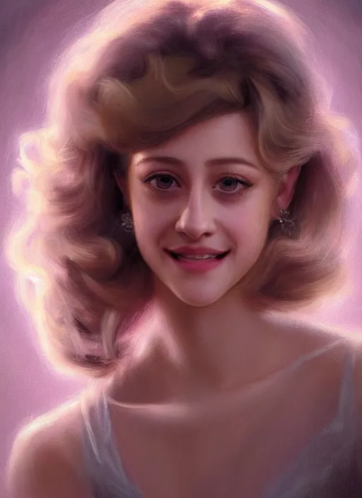 Image similar to portrait of lili reinhart with fluffy bangs, smiling kindly, bangs, 1 9 6 0 s, ponytail, curly bangs and ponytail, intricate, elegant, glowing lights, highly detailed, digital painting, artstation, concept art, smooth, sharp focus, illustration, art by wlop, mars ravelo and greg rutkowski