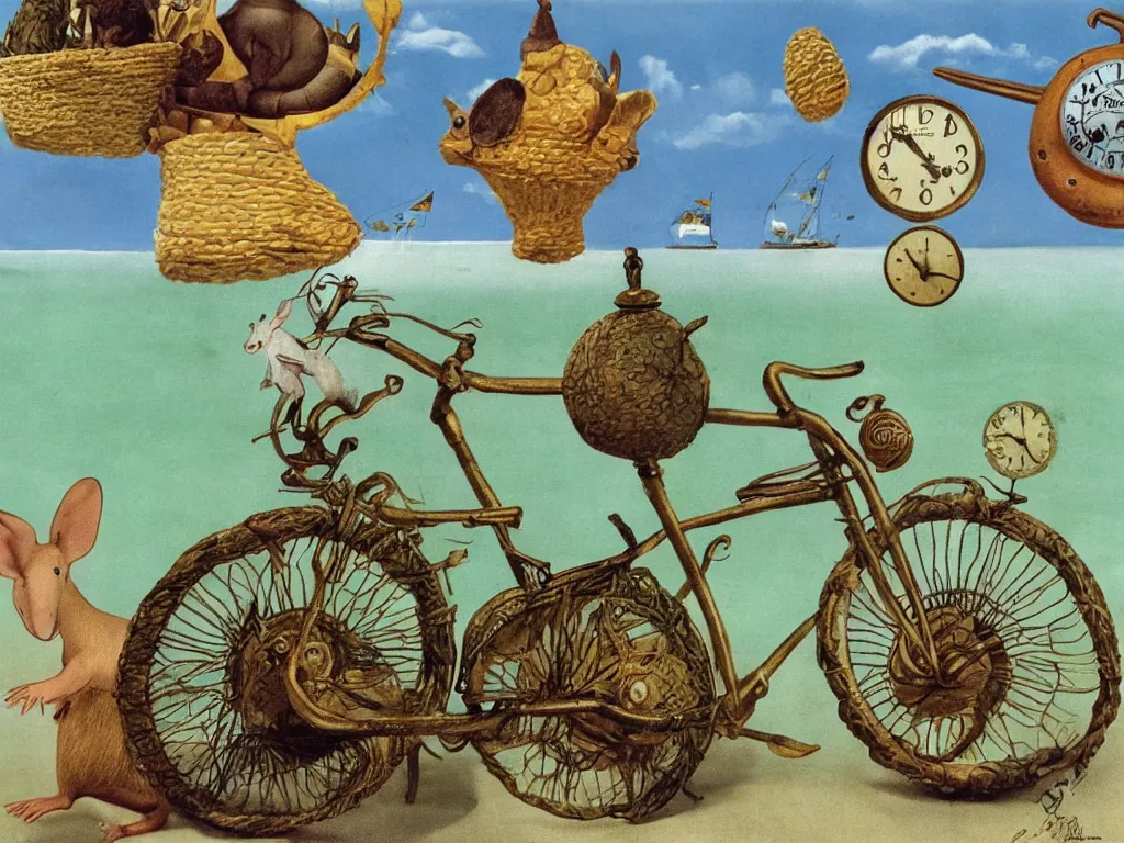 Prompt: juxtaposition an aardvark, a rat, a clock, green sea urchin, and sea grass, a bicycle, a buoy salvador dali