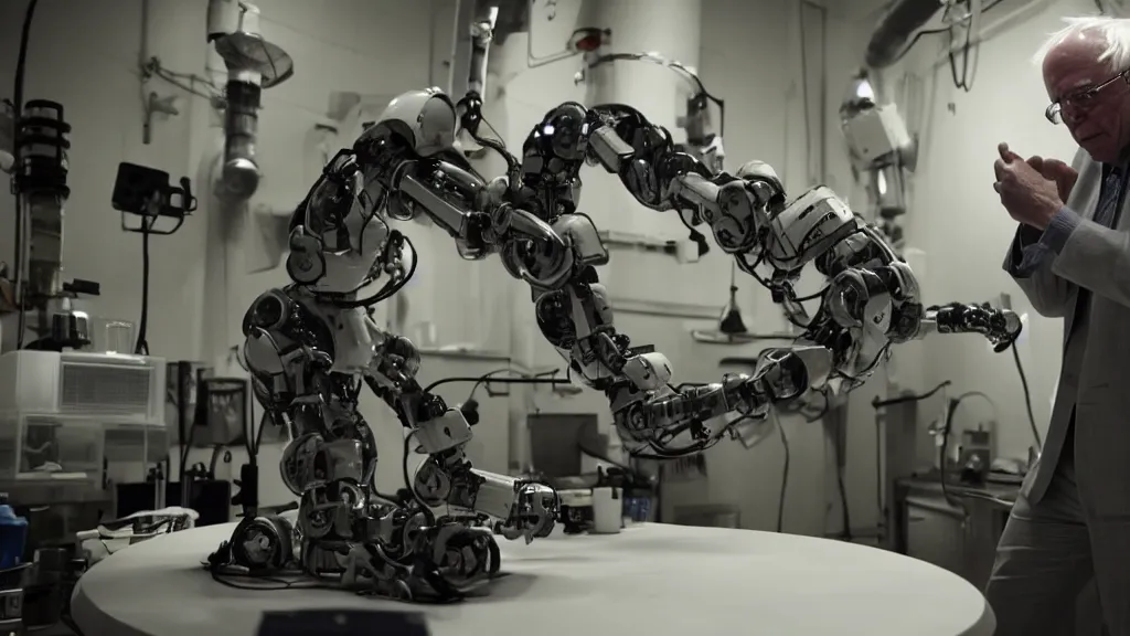 Prompt: bernie sanders putting the finishing touches on a cute clockwork doomsday robot, cinematic moody lighting, sharp focus, dirty laboratory, imax