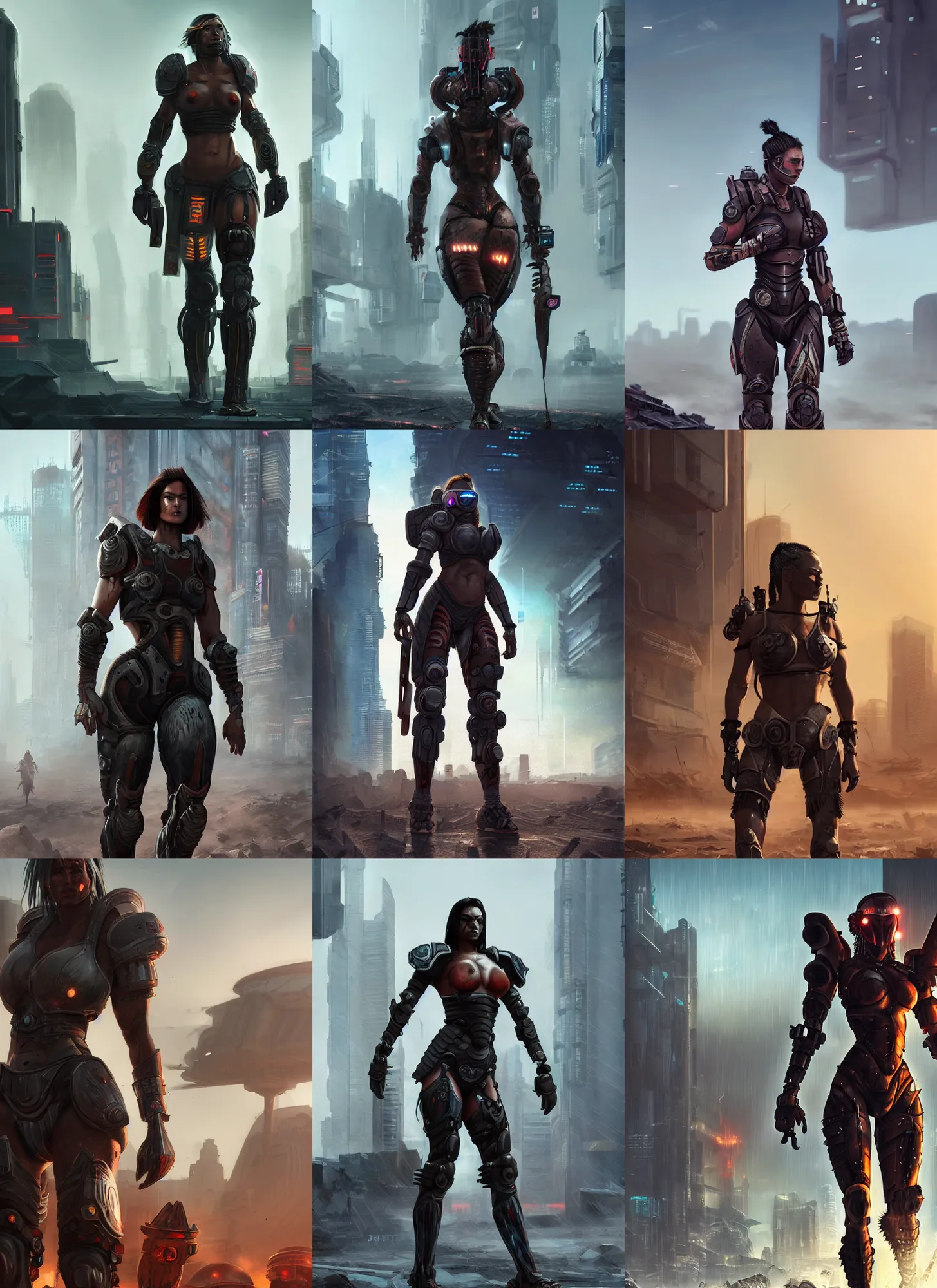 Prompt: a big muscular female warrior walking across a cyberpunk wasteland with no helmet, firecast tau armor, attractive female face, symmetrical face details, ultra realistic, very highly detailed, 8K, octane, Digital painting, concept art, illustration, rule of thirds, sharp focus, centered