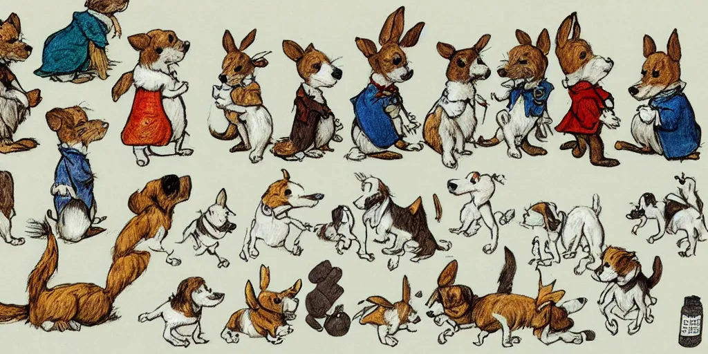 Image similar to jack russel dog, idle animation, sprite sheet illustrated by peggy fortnum and beatrix potter and sir john tenniel