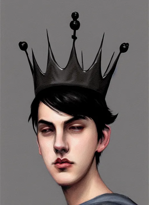 Image similar to portrait of teenage jughead jones wearing a light grey crown, photorealistic, crown, eyes closed, crown, black hair, intricate, elegant, glowing lights, highly detailed, digital painting, artstation, concept art, smooth, sharp focus, illustration, art by wlop, mars ravelo and greg rutkowski