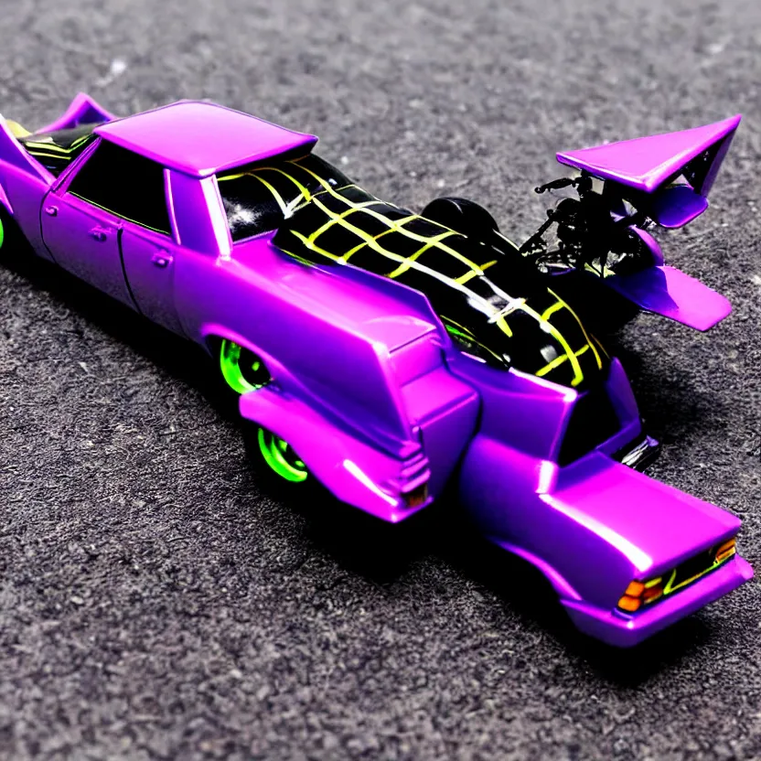 Image similar to close-up JZX100 twin turbo drift jet engine monster truck drag racer cowboy Cadillac hover-car UFO in the road, Tokyo prefecture, Japanese architecture, city sunset mist lights, cinematic lighting, photorealistic, detailed alloy wheels, highly detailed purple green snake oil wacky races power ranger bat-mobile transformer car