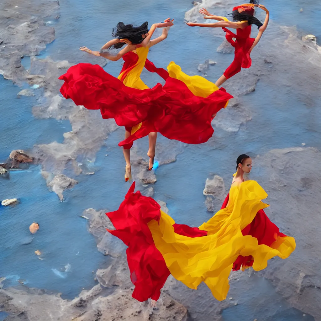 Image similar to beautiful modern dancer wearing a red and yellow and blue swirling dress, standing on a Santorini terrace looking down into the ocean, trending on artstation, cinematic, unreal 5, DAZ, hyperrealistic, octane render, dynamic lighting