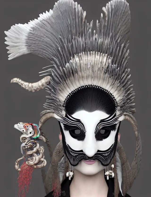 Image similar to 3 d goddess close - up profile simple portrait punk with mohawk with ram skull. beautiful intricately detailed japanese crow kitsune mask and clasical japanese kimono. betta fish, jellyfish phoenix, bio luminescent, plasma, ice, water, wind, creature, artwork by tooth wu and wlop and beeple and greg rutkowski