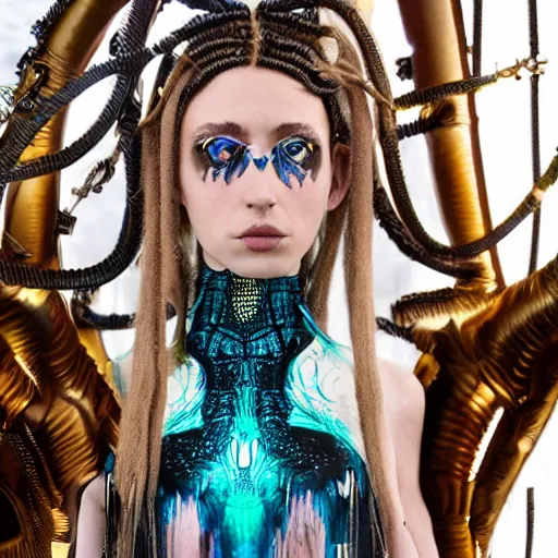 Prompt: intricate detail, haute couture, iris van herpen, mugler, alexander mcqueen, techno mystic, inanna ashteroth with aqua neon rapunzel dreadlocks, nautical siren, princess intergalactica, gateway to futurisma