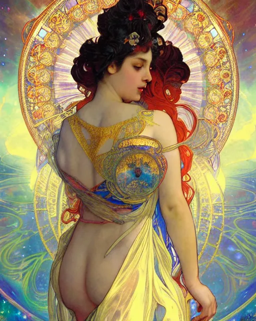 Prompt: Full view Celestial Goddess of cosmic nebula in a beautiful dress, 4k digital illustration by Ruan Jia and Rembrandt, background by Alphonse Mucha, art nouveau iconography background, tarot card, stunning portrait, amazing magnificent mystical illustration, award winning art, vivid and vibrant, soft lighting, intricate details, realistic, full view, Artstation, CGsociety