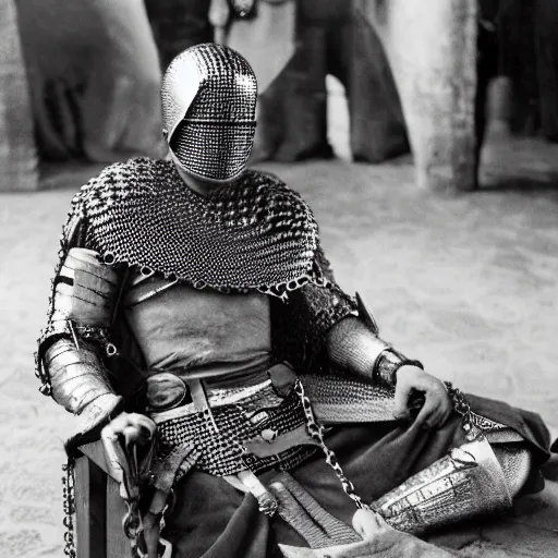 Prompt: a man wearing full chainmail, sitting in waitin room, film still