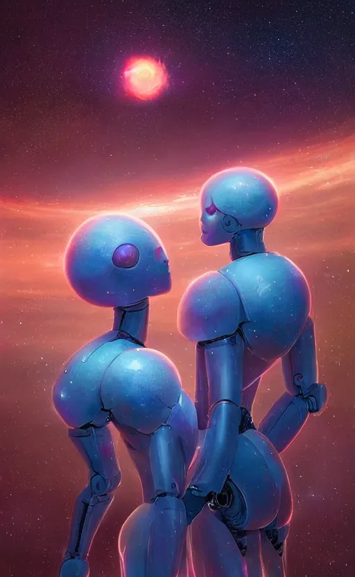 Image similar to digital painting of two humanoid robots hugging each other, supernova in the background, cosmic and stars and planets and galaxy, stunning, surreal, cinematic lighting, concept art by greg rutkowski and simon stalenhag