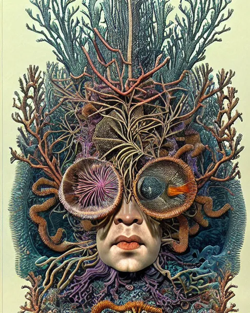 Prompt: hyperrealistic detailed underwater face portrait of the beautiful god of the fish with an intricate headgear of corals, sea kelp, sea plants, fish, starfish, jellyfish, art by ernst haeckel, james jean, gothic, neo - gothic, ornamental, beautiful deep colours,