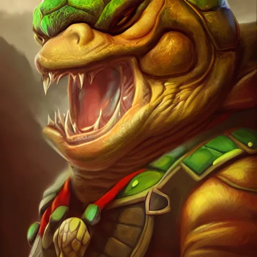 Image similar to bowser from super mario as realistic turtle character art portrait, matte fantasy painting, deviantart artstation, by jason felix by steve argyle by tyler jacobson by peter mohrbacher, cinema c 9. 0