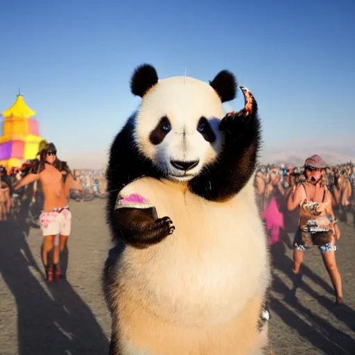 Image similar to a panda dancing on a busy playa at burning man