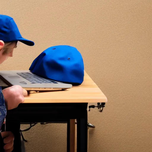 Image similar to back of short college guy with short blonde hair and a blue baseball cap sitting in a chair typing an essay on a laptop