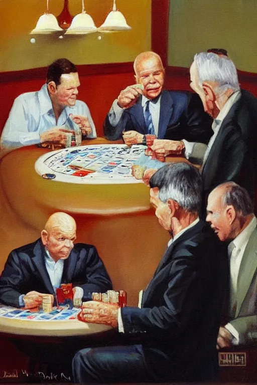 Prompt: don rickles playing poker with johnny carson in an old bar, oil painting by wilson mclean, sharp focus, masterpiece, highly detailed