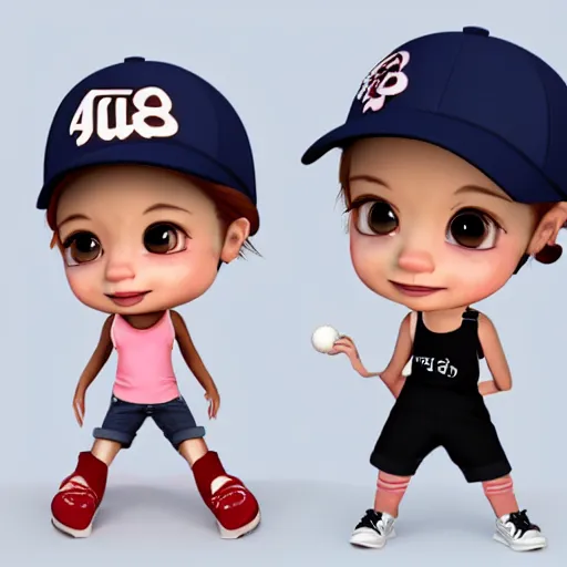 Prompt: a cartoon girl with a baseball cap on her head, vector art by jaeyeon nam, cgsociety, digital art, chibi, rendered in maya, daz 3 d, zbrush