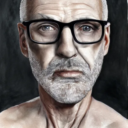 Prompt: Portrait of a handsome older bald man, with a patrician nose, black rimmed glasses, and a goatee, Watercolor, photorealistic, high resolution, award winning, trending on artstation, olive skin, beautiful bone structure, intricate, elegant, highly detailed, digital painting, artstation, concept art, smooth, sharp focus, illustration, art by phil noto and phil noto and phil noto