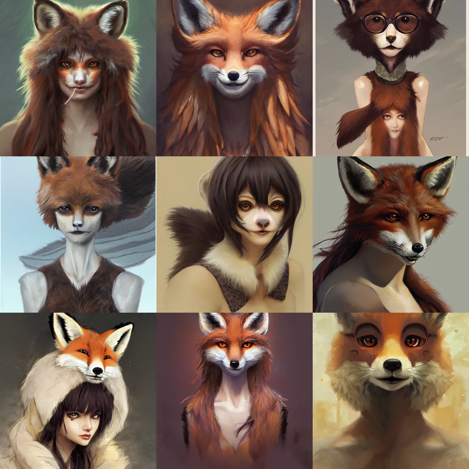 Prompt: a portrait of an anthropomorphic fox woman, furry fursona, with dark brown bangs, fringe, and large eyes, by mars ravelo, wlop, stanley lau, and greg rutkowski, detailed