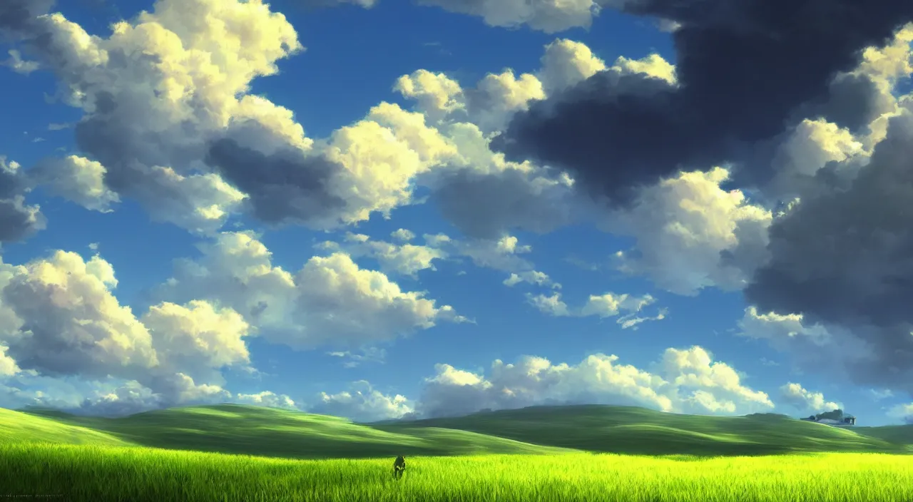 Prompt: Bliss Windows XP default wallpaper, realistic matte painting by Makoto Shinkai,