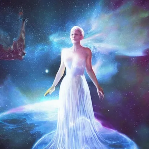 Prompt: Elon Musk wearing a wedding gown while floating in a timeless cosmic realm, ethereal, surrealism cinematic, semi-realism, concept art