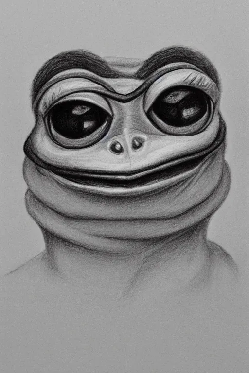 Image similar to portrait drawing of pepe the frog, ultra detailed highly realistic, trending on artstation, rule of thirds, extreme high detail, soft lighting, rim light, volumetric lighting and effects,