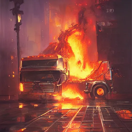 Image similar to rent - a - center truck on fire by greg rutkowski