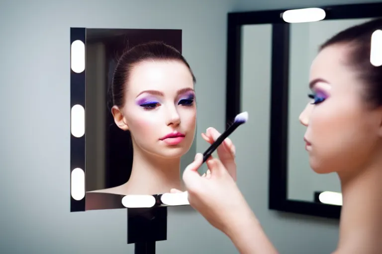 Prompt: beautiful female android, putting on makeup in front of a mirror, bathroom environment