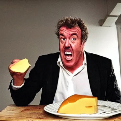 Image similar to jeremy clarkson screaming angry while trying to eat melted cheese