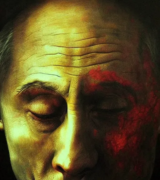 Image similar to Portrait painting of Vladimir Putin crying and suffering in a style of Beksinski.