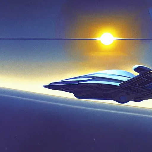 Image similar to Spaceship carrier, cinematic angle, cinematic lighting, blue sky, sun in the sky, by Syd Mead, John Harris, Federico Pelat