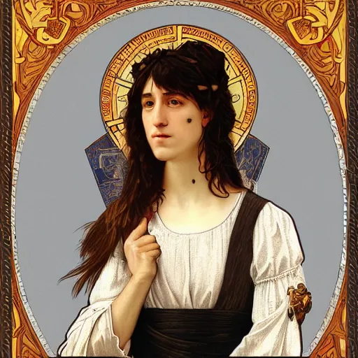 Image similar to portrait of charlotte gainsbourg as joan of arc, hyperreal digital painting, iconography influenced by alphonse mucha and eugene delacroix, arstation and deviantart trends, high resolution 8 k