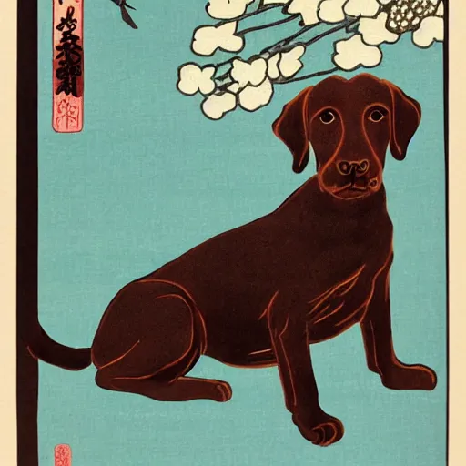 Prompt: brown labrador ukiyo e print