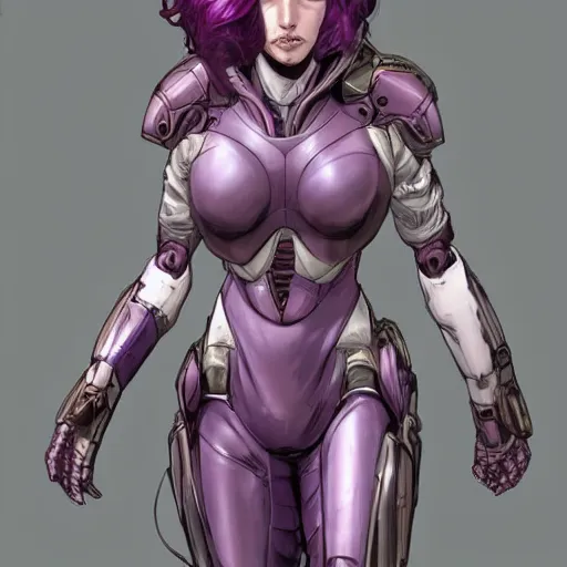 Image similar to pale woman with flowing purple hair in rusted sci - fi power armor, high detail, stoic, elegant, by stjepan sejic, sunstone