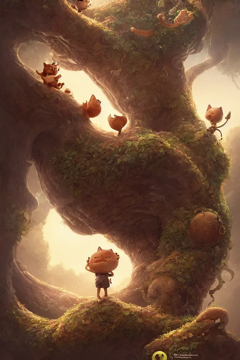 Image similar to round antropomorphic acorn and his cat friend in world adventure movie, cerebri mie poster, by nuri iyem, james gurney, james jean, greg rutkowski, anato finnstark. pixar. hyper detailed, 5 0 mm, award winning photography, perfect faces