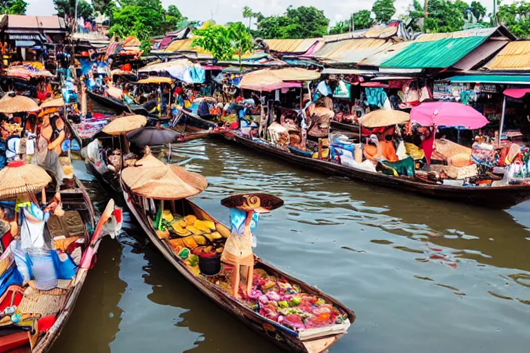 Prompt: At the buzzing floating market in Thailand, Artgerm