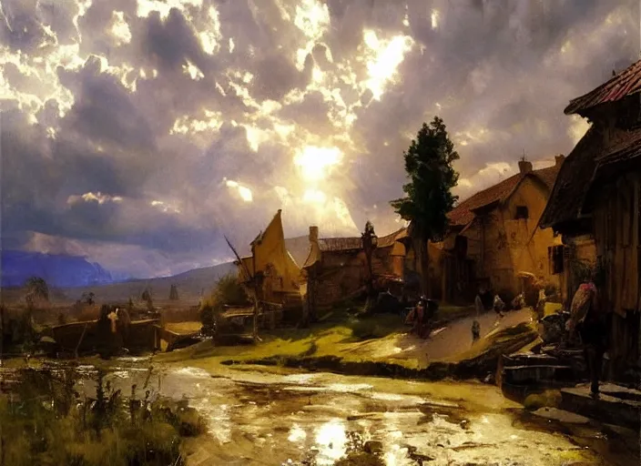 Image similar to oil painting of medieval village in dawn by anders zorn, wonderful art by greg rutkowski, incredible lighting, shadows, beautiful cinematic light, american romanticism by greg manchess, tall rocky mountains and storm clouds, sun rays, sunshine, bright sunny summer day