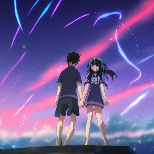 Prompt: a dark night sky with stars, in the style of the anime movie your name, 4 k,