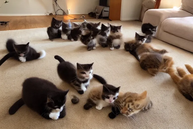 Image similar to a living room full of cute kittens that are all sitting positioned facing directly at the camera and all of the kittens are looking directly into the camera