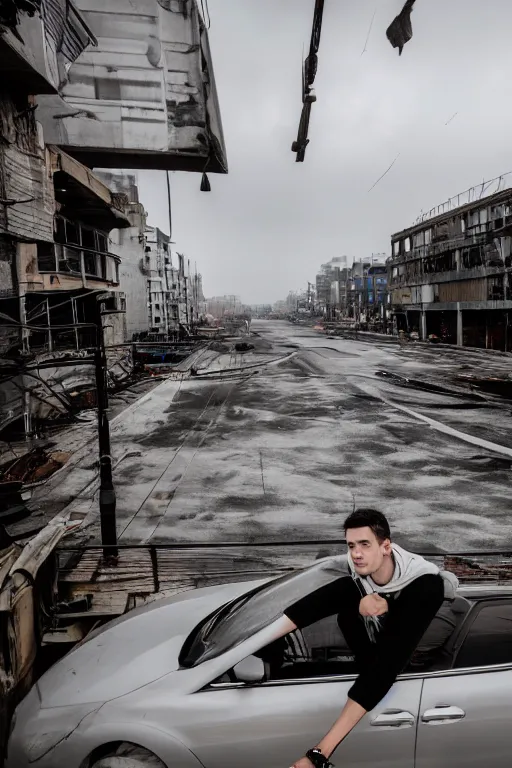 Image similar to Photo of a man sitting on the car roof in the heavy in front of the city that sank, hyper realistic, outdoor lighting, dynamic lighting, volumetric, wide angle, anamorphic lens, go pro, 4k