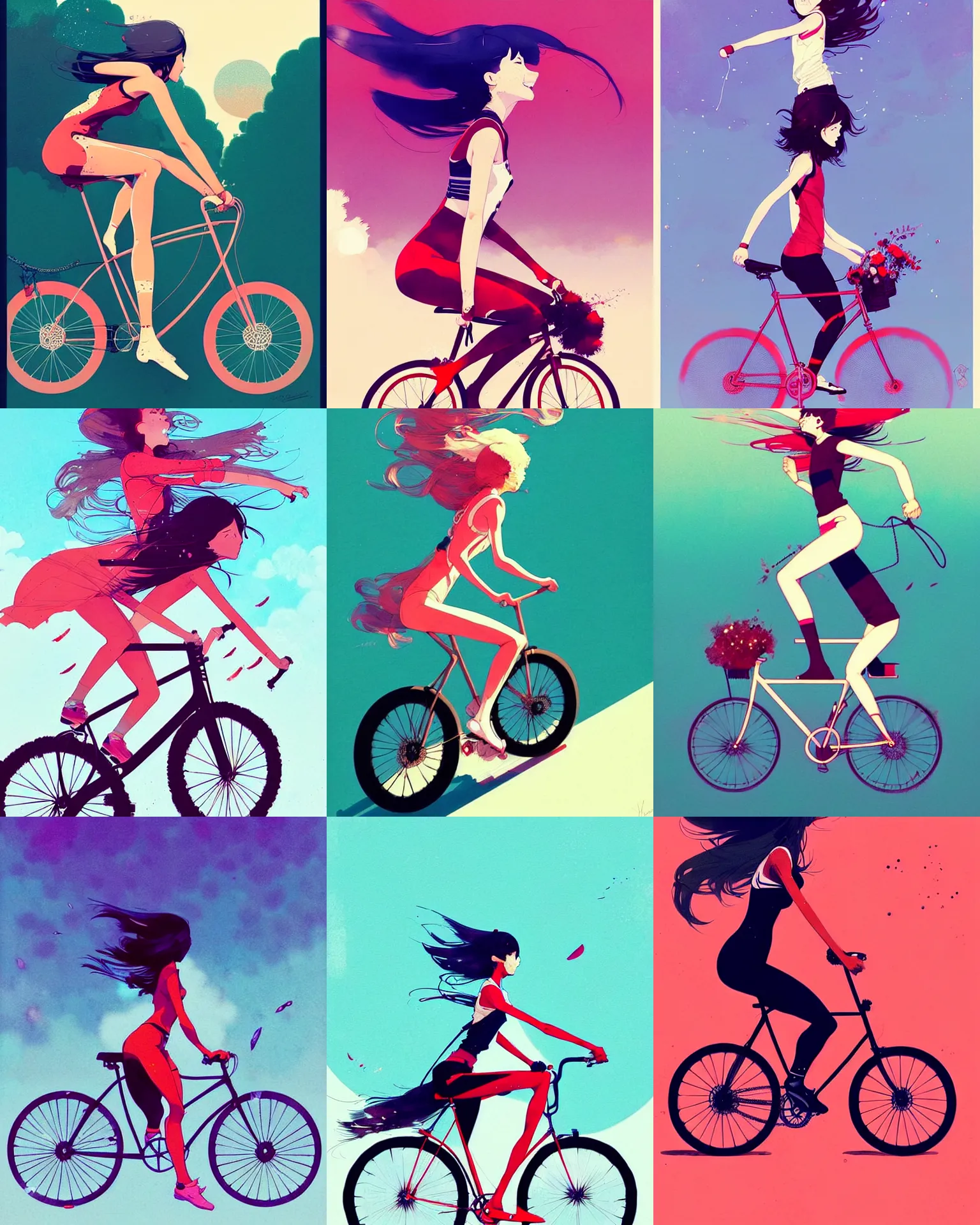 Prompt: captivating, memorable, a ultradetailed beautiful photo of a girl riding a bike, joyous, wide, by conrad roset, greg rutkowski and makoto shinkai trending on artstation