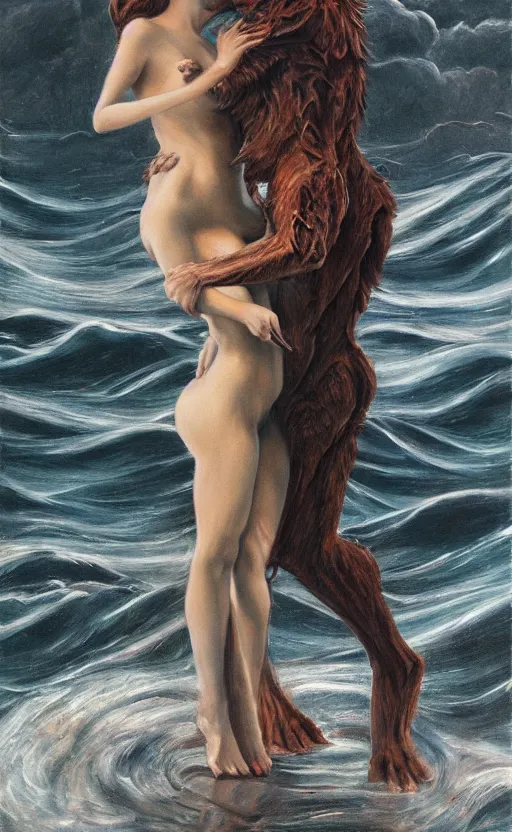 Prompt: amazing detailed intricate beautiful painting of a beautiful woman and a scary werewolf in a passionate embrace in a turbulent ocean, by francis bacon. hd. hq. trending on artstation