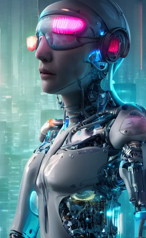 Image similar to a beautiful!! photo of a middle - aged!! bionic!! male!!, cyberpunk, augmented vision, volumetric light, photography, dystopian, extremely detailed, photorealistic!, stunning, digital art trending on artstation, orange, cyan, washed out colors