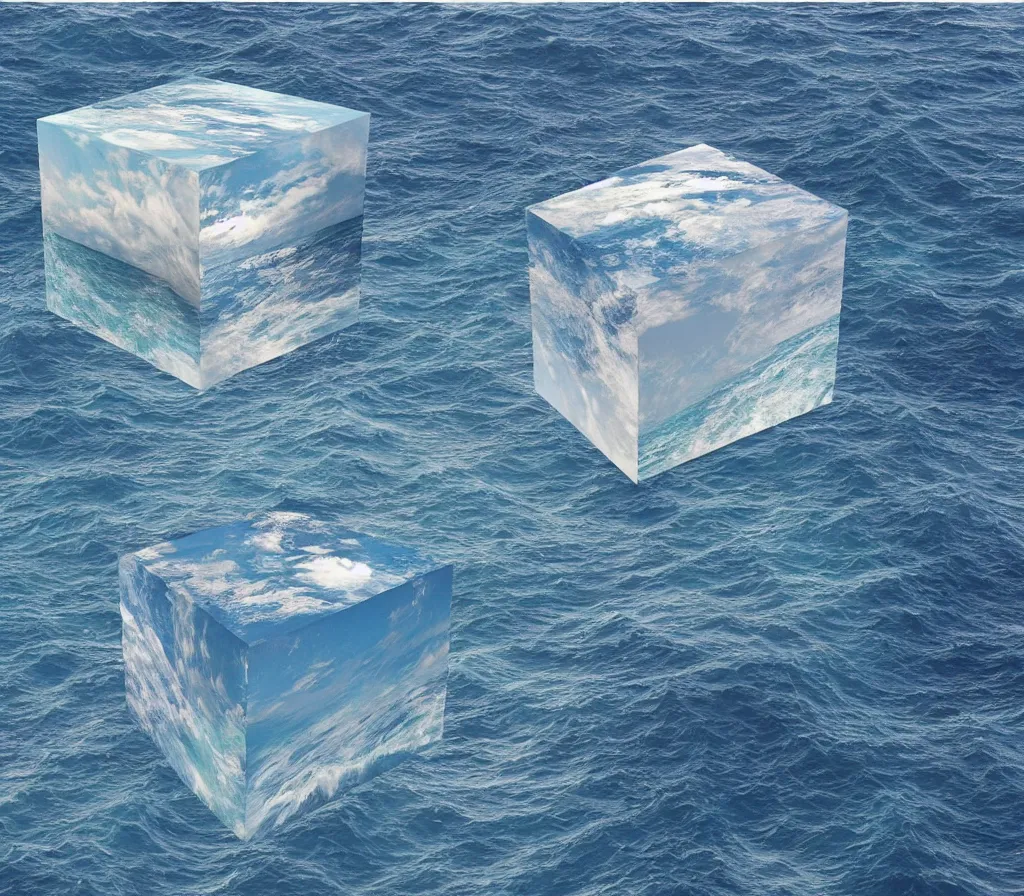 Image similar to a cube in the middle of the ocean with images of a tumultuous sea on its sides. In the style of Leda de piart