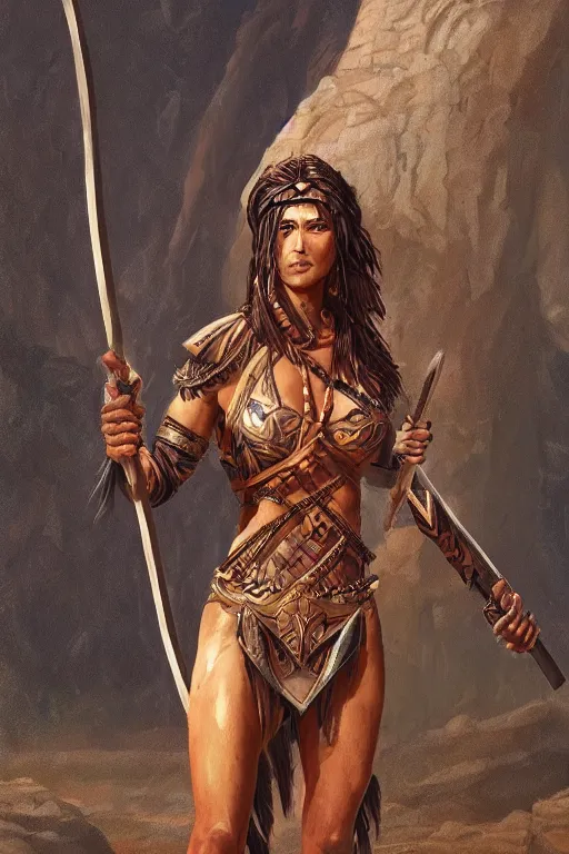 Image similar to ethnic warrior female toned body, wearing tribal armor, holding wodden spear, by thomas cole and wayne barlowe 8 k, high detail, fantasy art, dnd, artstation,