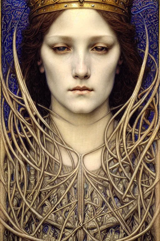 Image similar to detailed realistic beautiful young medieval queen face portrait by jean delville, gustave dore and marco mazzoni, art nouveau, symbolist, visionary, gothic, pre - raphaelite. horizontal symmetry