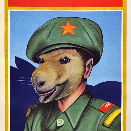 Image similar to soviet propaganda poster depicting a capybara in military uniform