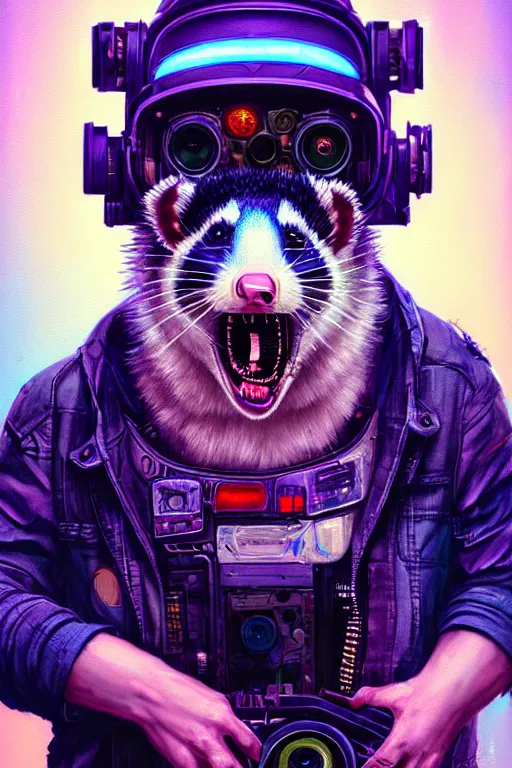 Prompt: a beautiful portrait of a cute cyberpunk opossum screaming by sandra chevrier and greg rutkowski and wlop, purple blue color scheme, high key lighting, volumetric light, digital art, highly detailed, fine detail, intricate, ornate, complex, octane render, unreal engine, photorealistic