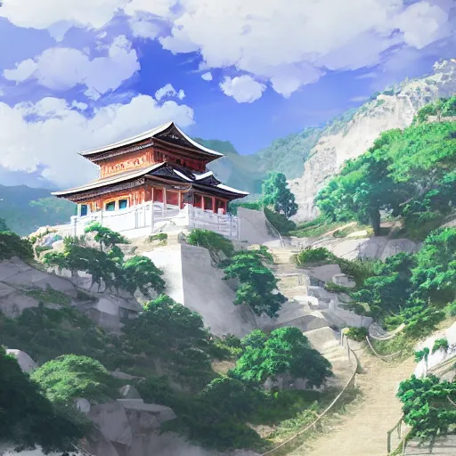 Image similar to concept art painting of a white marble temple on top of a mountain, with greek and japanese architecture, overlooking a valley with a village below, realistic, detailed, cel shaded, in the style of makoto shinkai and greg rutkowski and albert bierstadt and james gurney